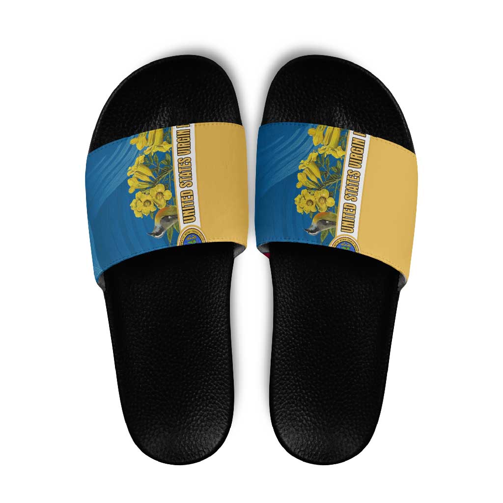 United States Virgin Islands Slide Sandals with Blue Yellow Floral Design and Government Seal Bird - Wonder Print Shop
