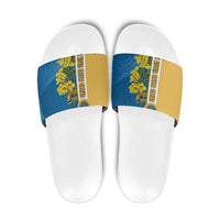 United States Virgin Islands Slide Sandals with Blue Yellow Floral Design and Government Seal Bird - Wonder Print Shop