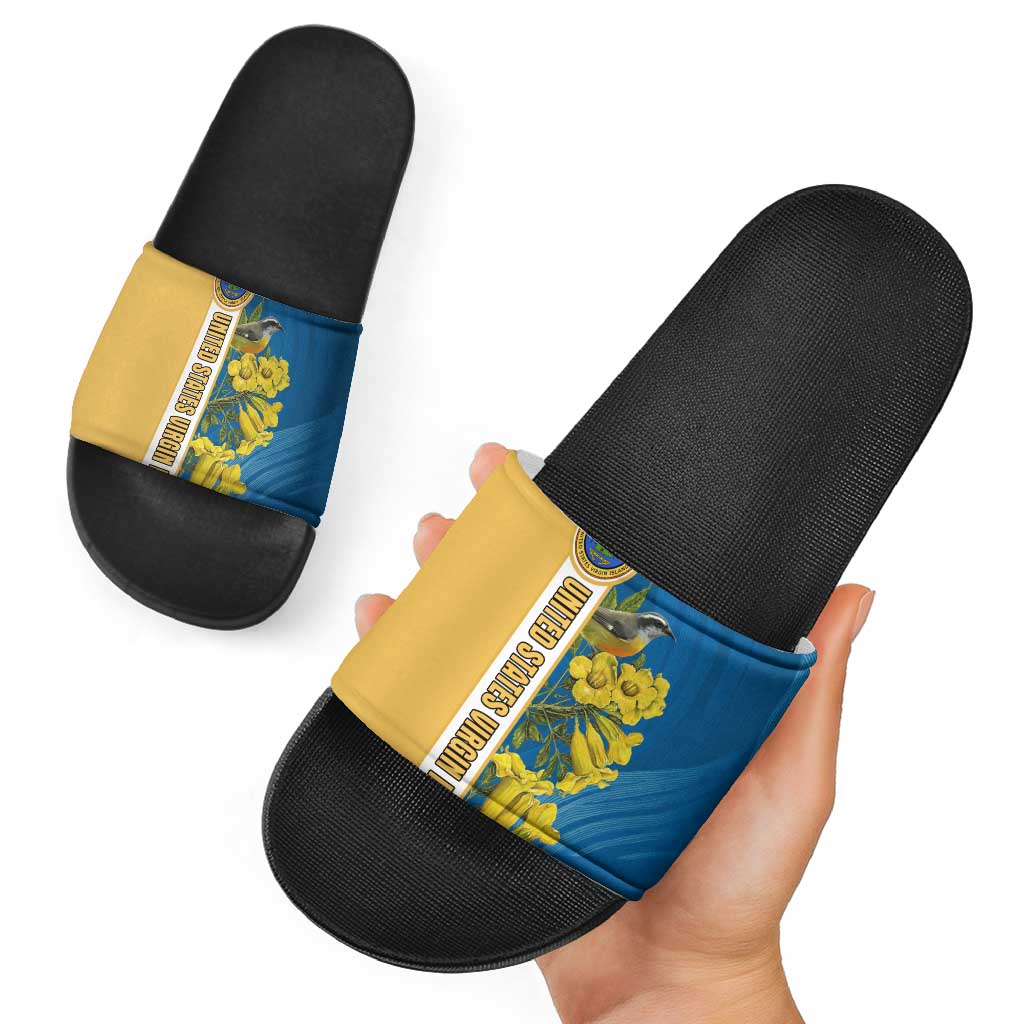 United States Virgin Islands Slide Sandals with Blue Yellow Floral Design and Government Seal Bird - Wonder Print Shop