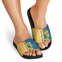 United States Virgin Islands Slide Sandals with Blue Yellow Floral Design and Government Seal Bird - Wonder Print Shop