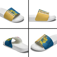 United States Virgin Islands Slide Sandals with Blue Yellow Floral Design and Government Seal Bird - Wonder Print Shop
