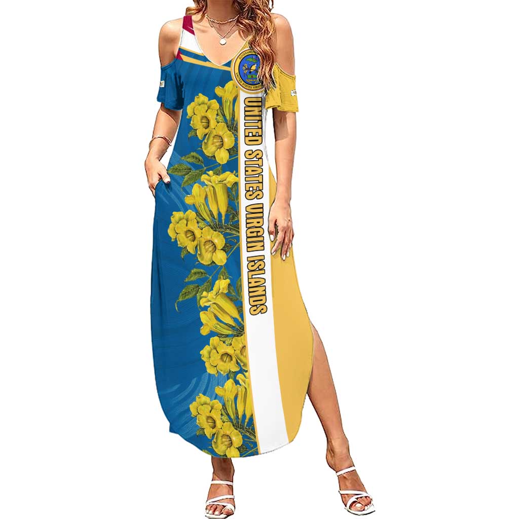 United States Virgin Islands Summer Maxi Dress with Blue Yellow Floral Design and Government Seal Bird - Wonder Print Shop