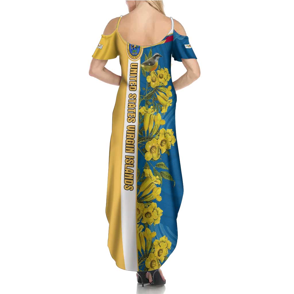 United States Virgin Islands Summer Maxi Dress with Blue Yellow Floral Design and Government Seal Bird - Wonder Print Shop