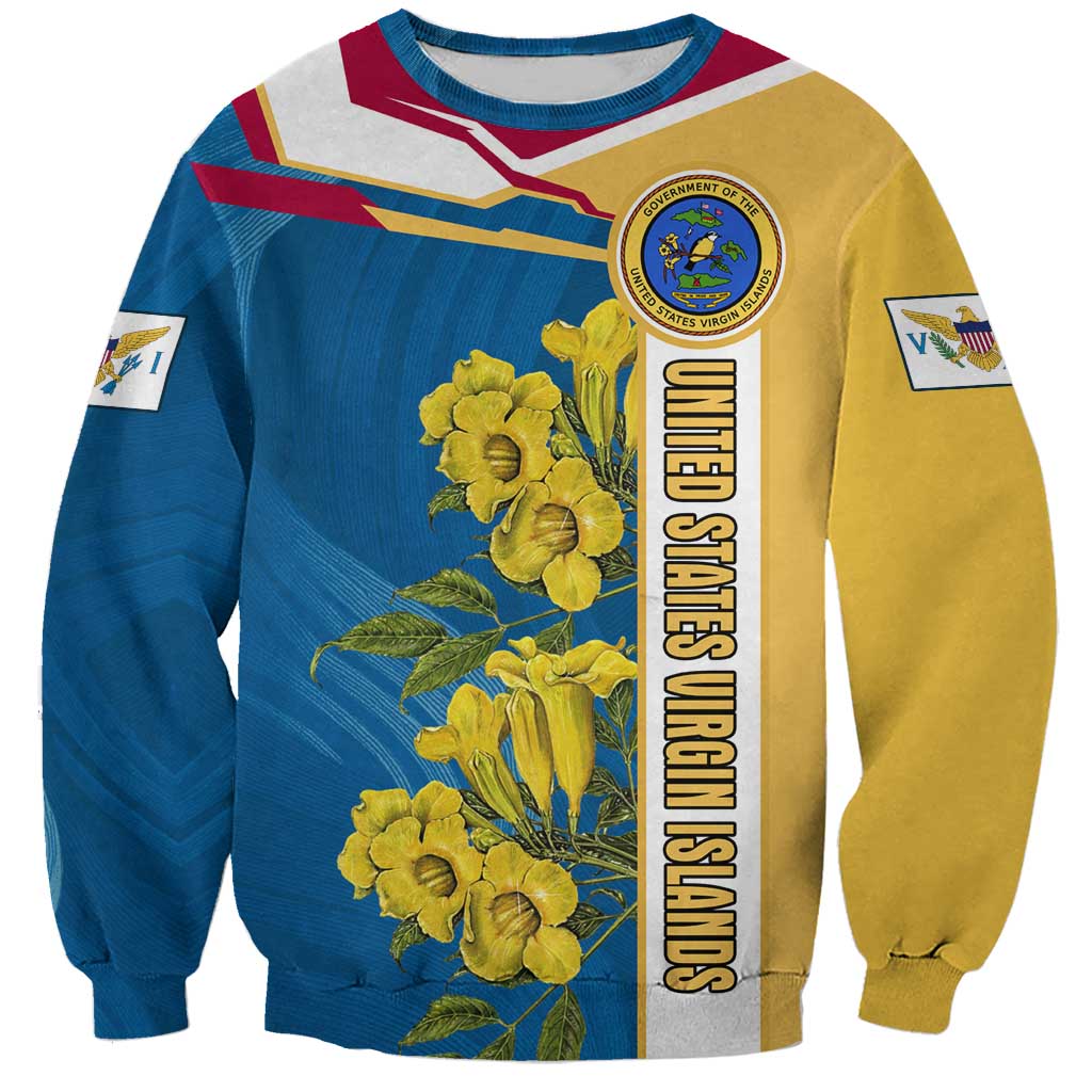 United States Virgin Islands Sweatshirt with Blue Yellow Floral Design and Government Seal Bird - Wonder Print Shop