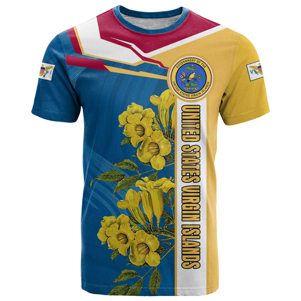 United States Virgin Islands T Shirt with Blue Yellow Floral Design and Government Seal Bird - Wonder Print Shop