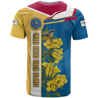 United States Virgin Islands T Shirt with Blue Yellow Floral Design and Government Seal Bird - Wonder Print Shop