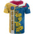 United States Virgin Islands T Shirt with Blue Yellow Floral Design and Government Seal Bird - Wonder Print Shop
