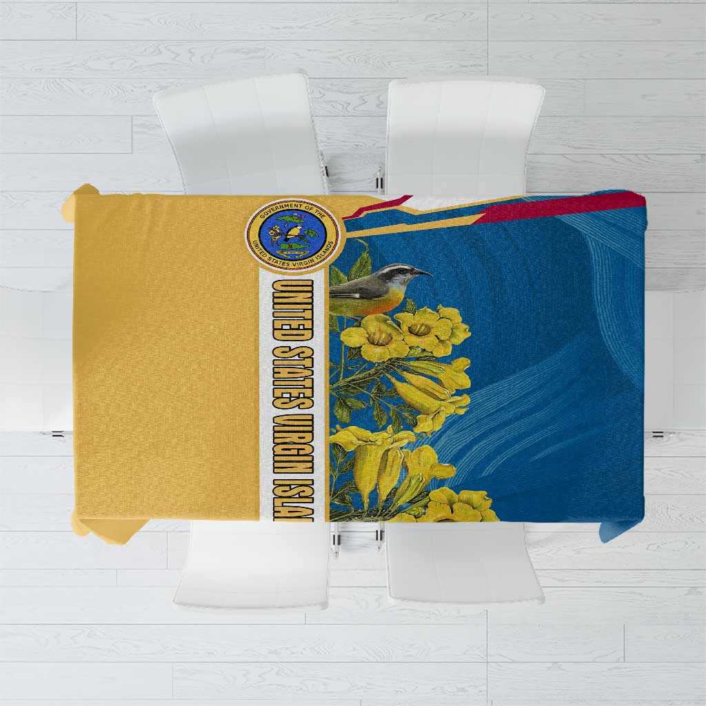 United States Virgin Islands Tablecloth with Blue Yellow Floral Design and Government Seal Bird - Wonder Print Shop