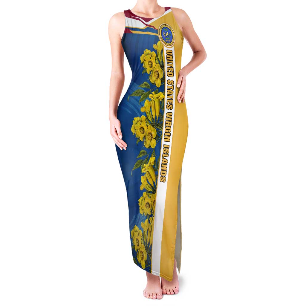 United States Virgin Islands Tank Maxi Dress with Blue Yellow Floral Design and Government Seal Bird - Wonder Print Shop