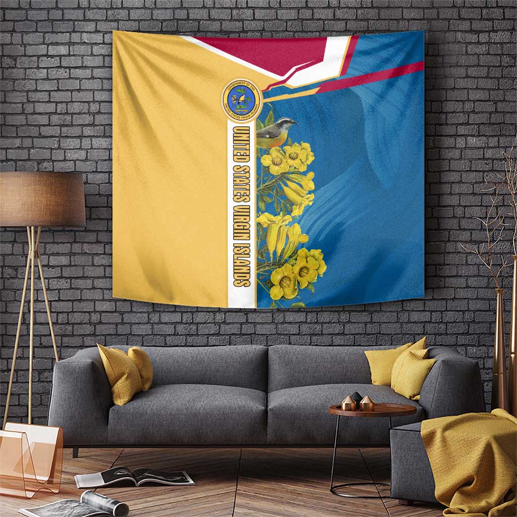 United States Virgin Islands Tapestry with Blue Yellow Floral Design and Government Seal Bird - Wonder Print Shop