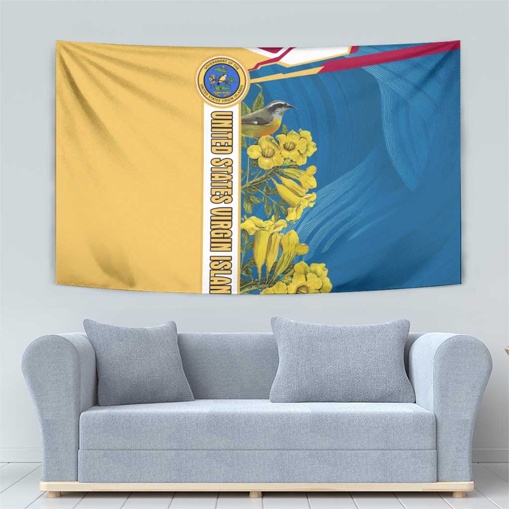United States Virgin Islands Tapestry with Blue Yellow Floral Design and Government Seal Bird - Wonder Print Shop