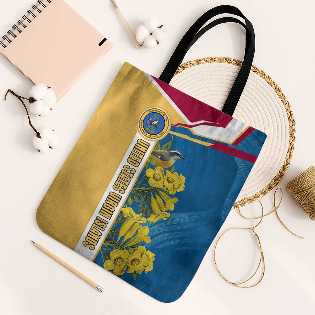 United States Virgin Islands Tote Bag with Blue Yellow Floral Design and Government Seal Bird - Wonder Print Shop