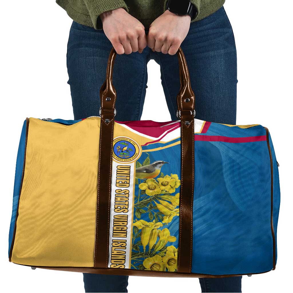 United States Virgin Islands Travel Bag with Blue Yellow Floral Design and Government Seal Bird - Wonder Print Shop