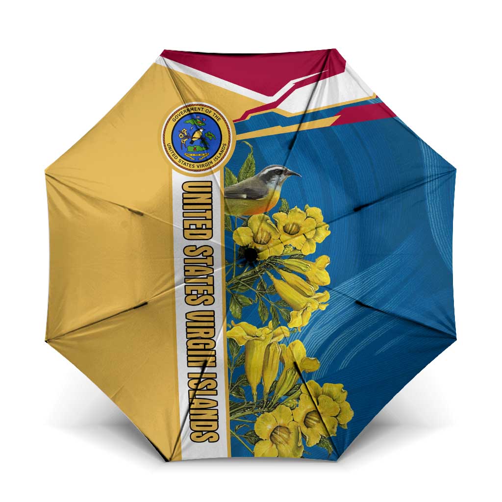 United States Virgin Islands Umbrella with Blue Yellow Floral Design and Government Seal Bird - Wonder Print Shop