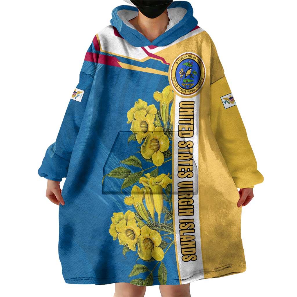 United States Virgin Islands Wearable Blanket Hoodie with Blue Yellow Floral Design and Government Seal Bird - Wonder Print Shop