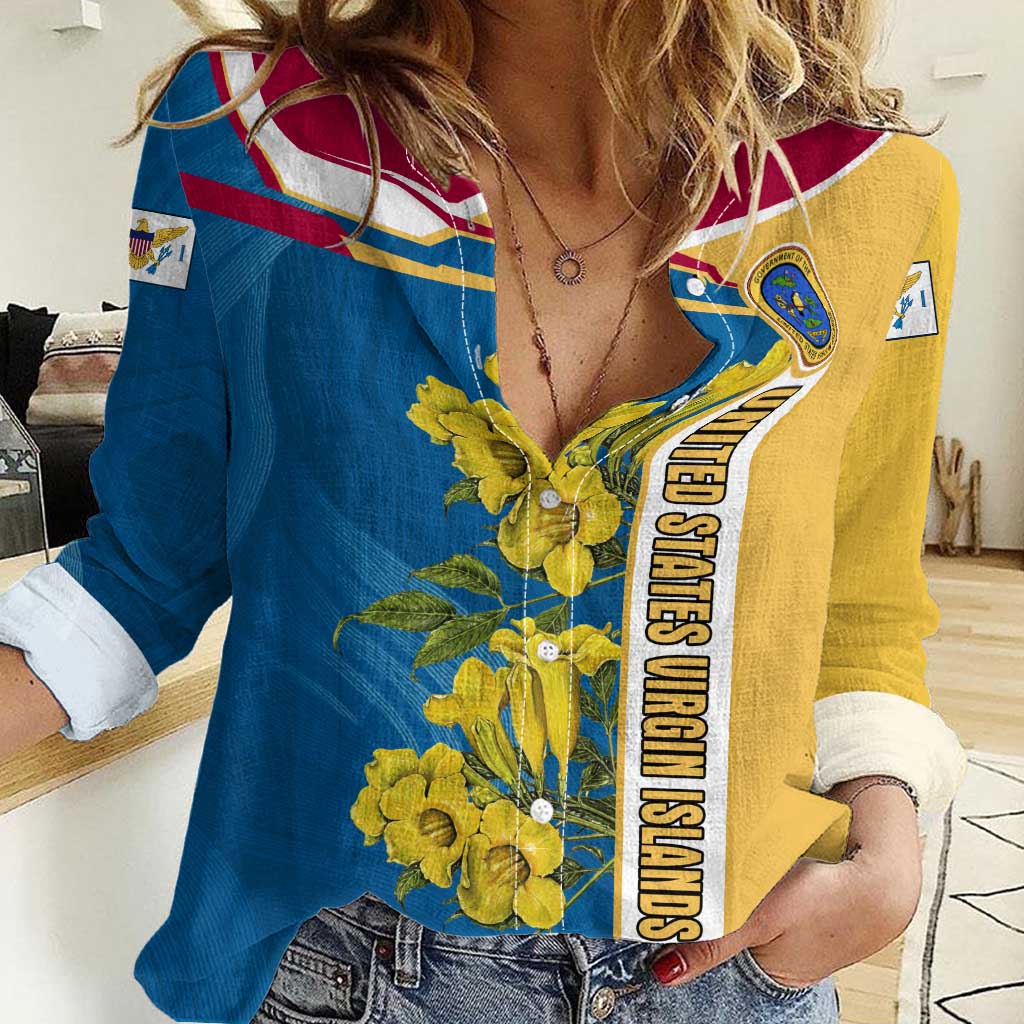 United States Virgin Islands Women Casual Shirt with Blue Yellow Floral Design and Government Seal Bird - Wonder Print Shop