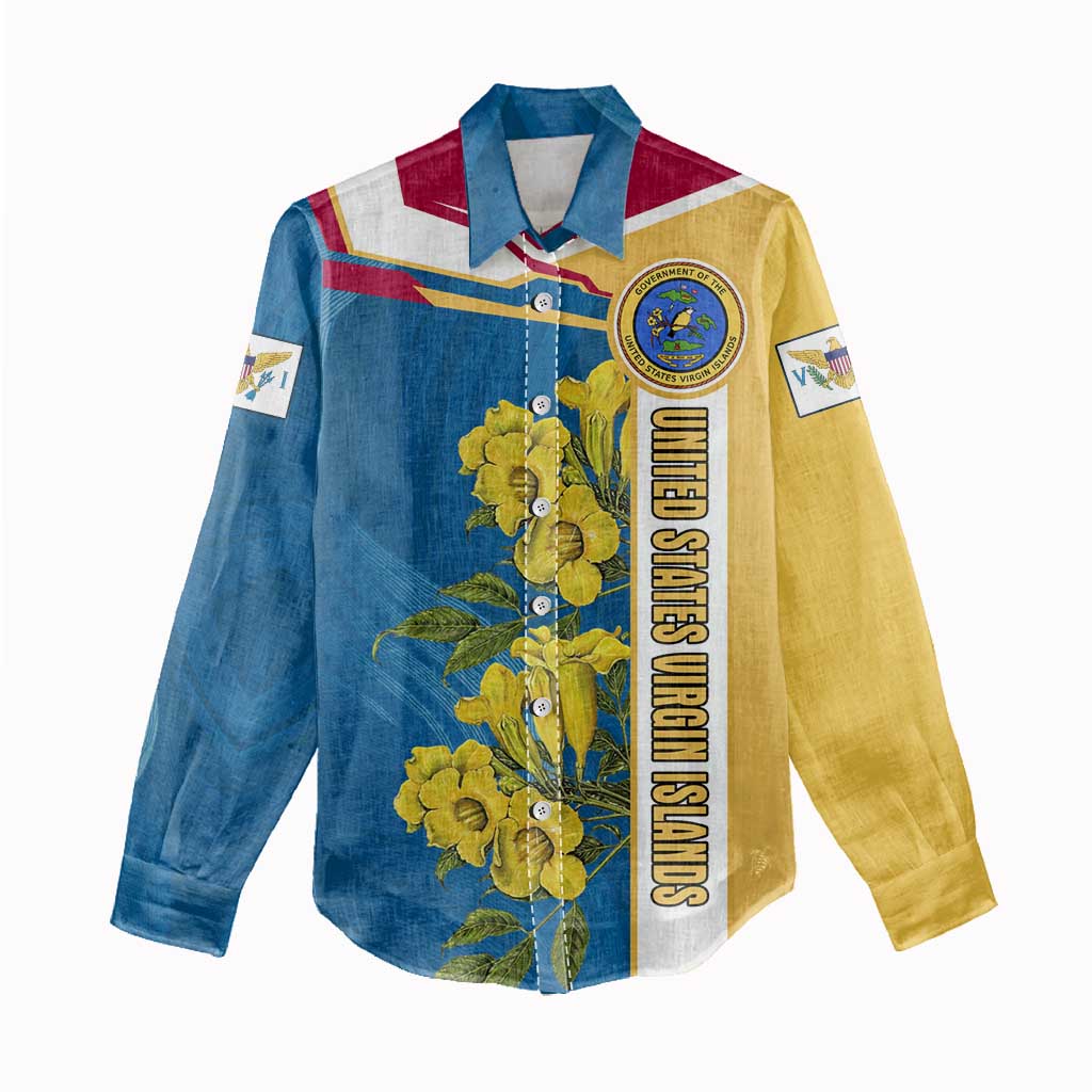 United States Virgin Islands Women Casual Shirt with Blue Yellow Floral Design and Government Seal Bird - Wonder Print Shop