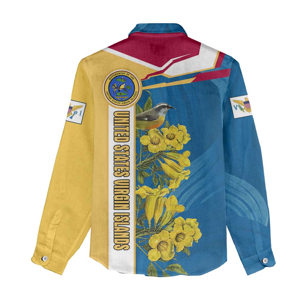 United States Virgin Islands Women Casual Shirt with Blue Yellow Floral Design and Government Seal Bird - Wonder Print Shop