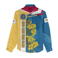 United States Virgin Islands Women Casual Shirt with Blue Yellow Floral Design and Government Seal Bird - Wonder Print Shop