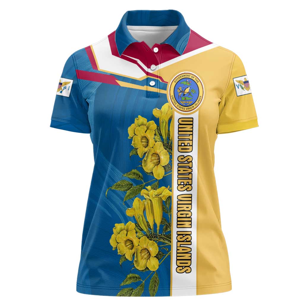 United States Virgin Islands Women Polo Shirt with Blue Yellow Floral Design and Government Seal Bird - Wonder Print Shop