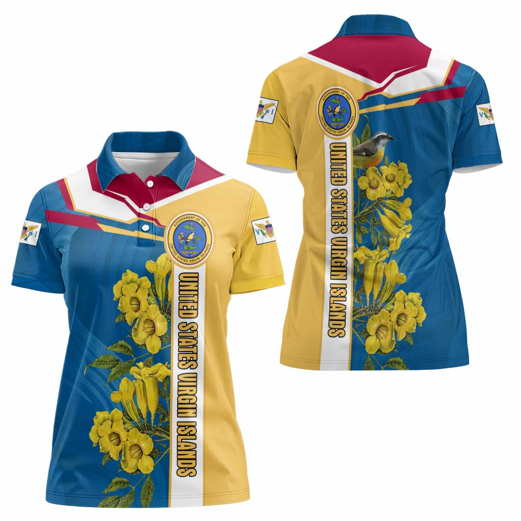 United States Virgin Islands Women Polo Shirt with Blue Yellow Floral Design and Government Seal Bird - Wonder Print Shop