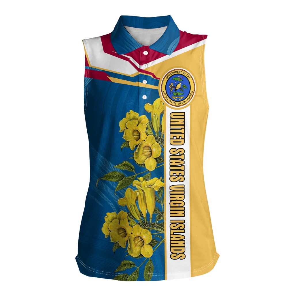 United States Virgin Islands Women Sleeveless Polo Shirt with Blue Yellow Floral Design and Government Seal Bird - Wonder Print Shop