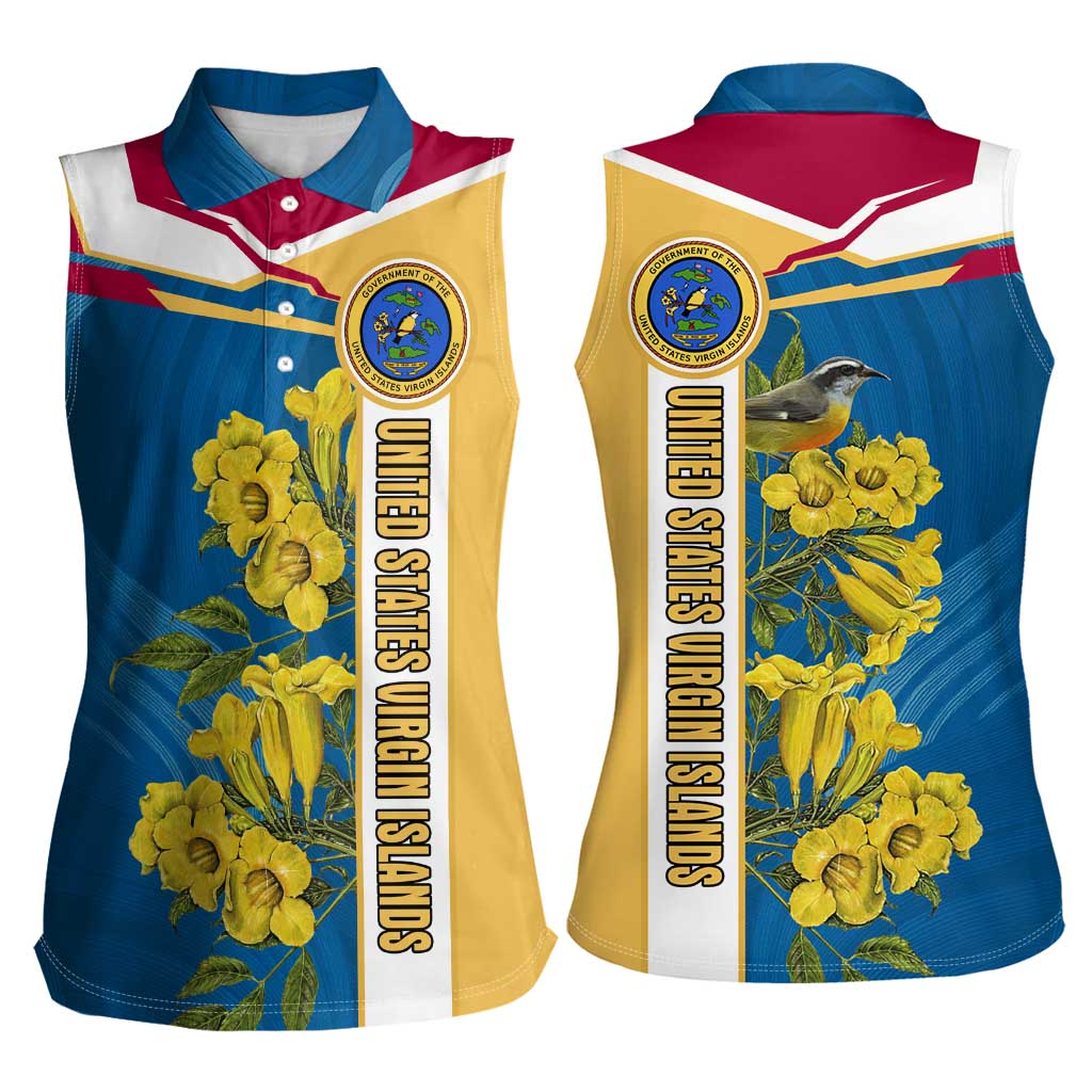 United States Virgin Islands Women Sleeveless Polo Shirt with Blue Yellow Floral Design and Government Seal Bird - Wonder Print Shop