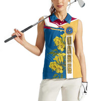 United States Virgin Islands Women Sleeveless Polo Shirt with Blue Yellow Floral Design and Government Seal Bird - Wonder Print Shop