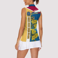 United States Virgin Islands Women Sleeveless Polo Shirt with Blue Yellow Floral Design and Government Seal Bird - Wonder Print Shop