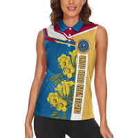 United States Virgin Islands Women Sleeveless Polo Shirt with Blue Yellow Floral Design and Government Seal Bird - Wonder Print Shop