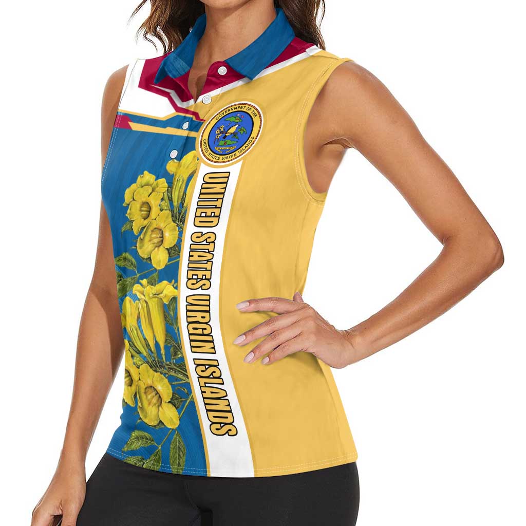 United States Virgin Islands Women Sleeveless Polo Shirt with Blue Yellow Floral Design and Government Seal Bird - Wonder Print Shop