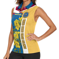 United States Virgin Islands Women Sleeveless Polo Shirt with Blue Yellow Floral Design and Government Seal Bird - Wonder Print Shop