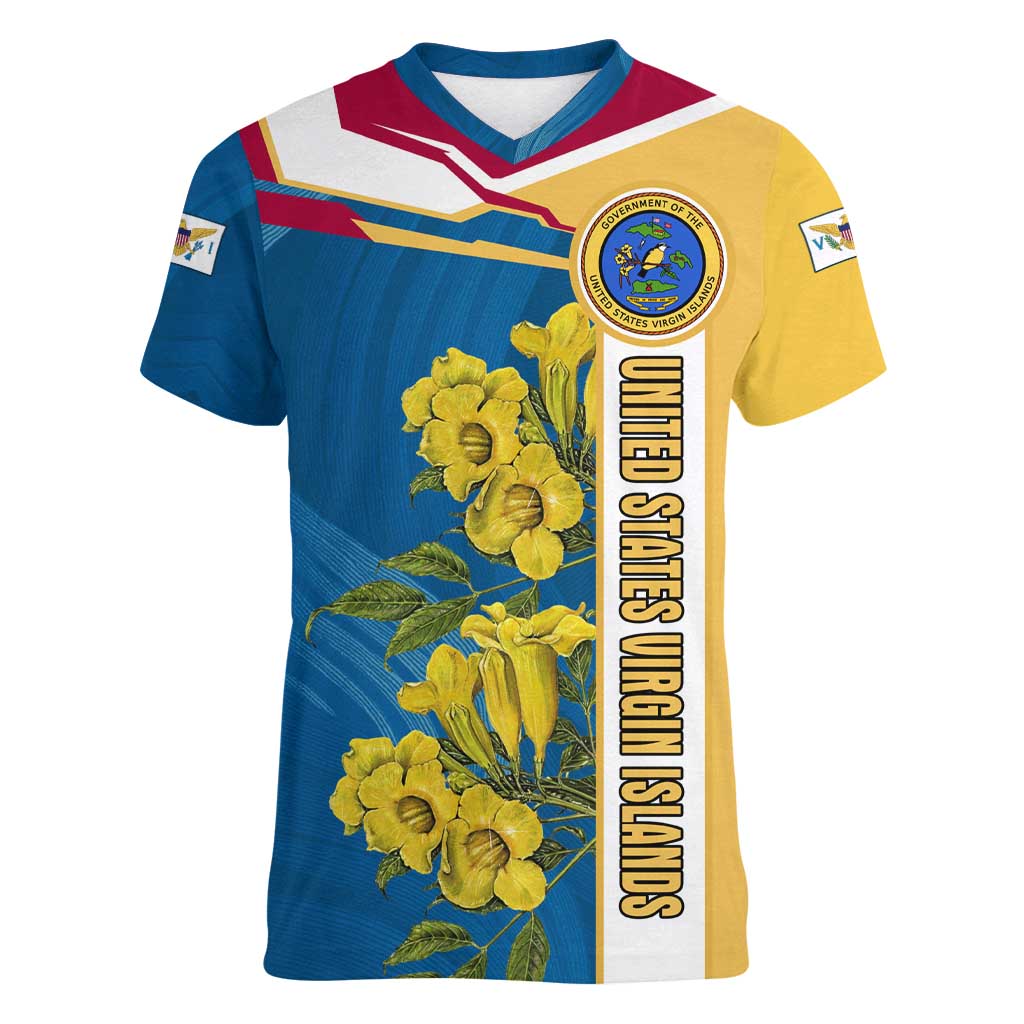 United States Virgin Islands Women V-Neck T-Shirt with Blue Yellow Floral Design and Government Seal Bird - Wonder Print Shop