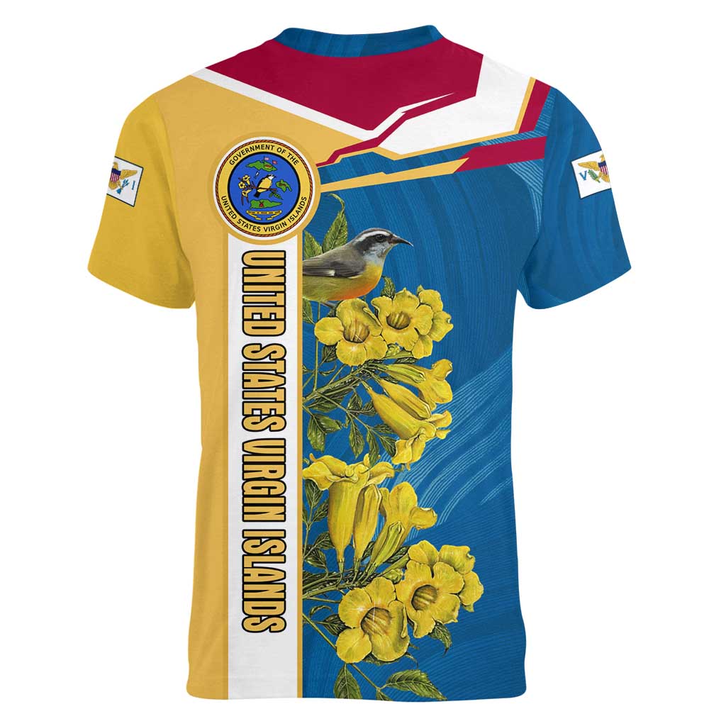 United States Virgin Islands Women V-Neck T-Shirt with Blue Yellow Floral Design and Government Seal Bird - Wonder Print Shop
