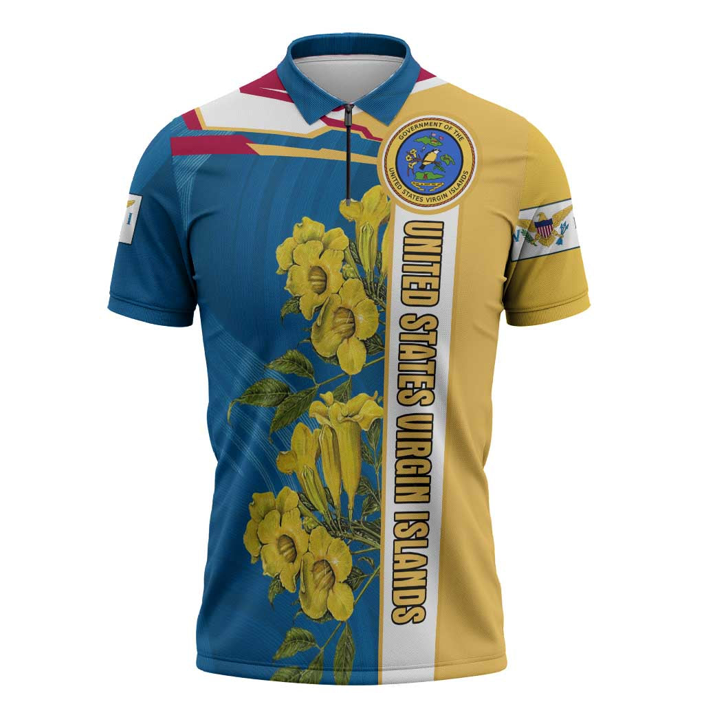 United States Virgin Islands Zipper Polo Shirt with Blue Yellow Floral Design and Government Seal Bird - Wonder Print Shop