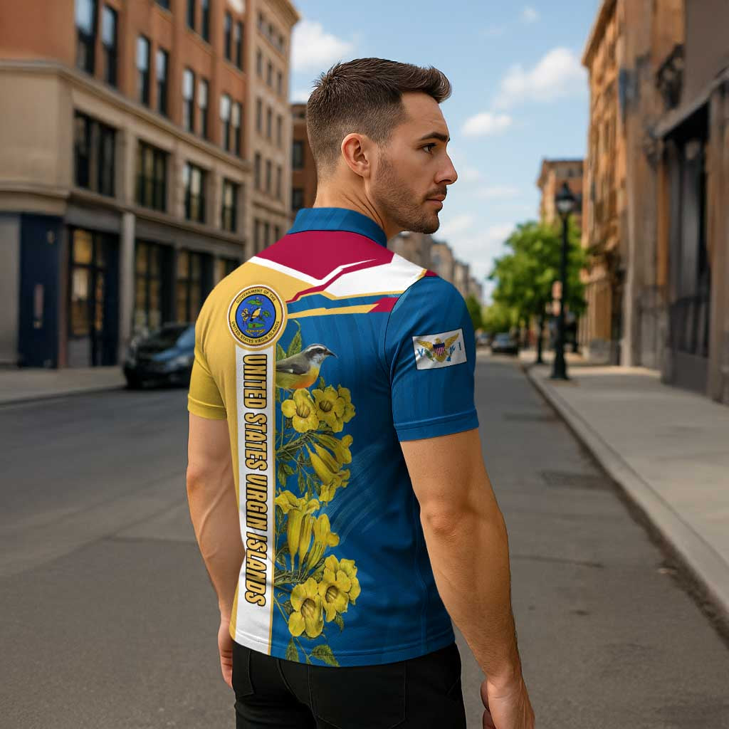 United States Virgin Islands Zipper Polo Shirt with Blue Yellow Floral Design and Government Seal Bird - Wonder Print Shop