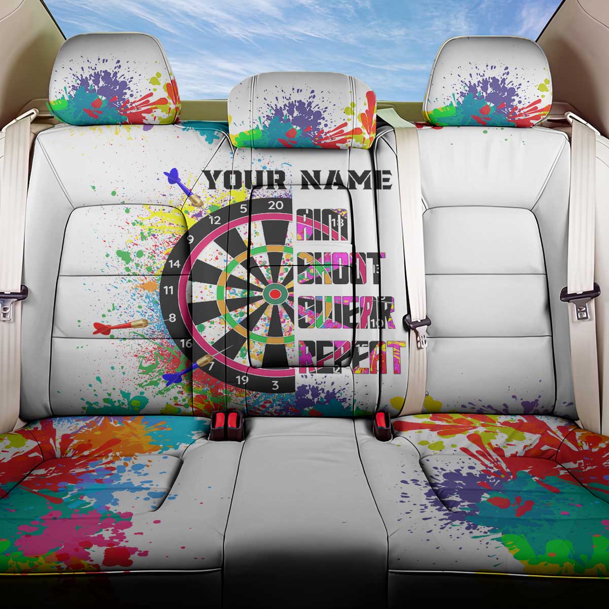 Colorful Dartboard and Splatter Paint Darts Back Car Seat Cover Personalized Motivational Quote - Wonder Print Shop