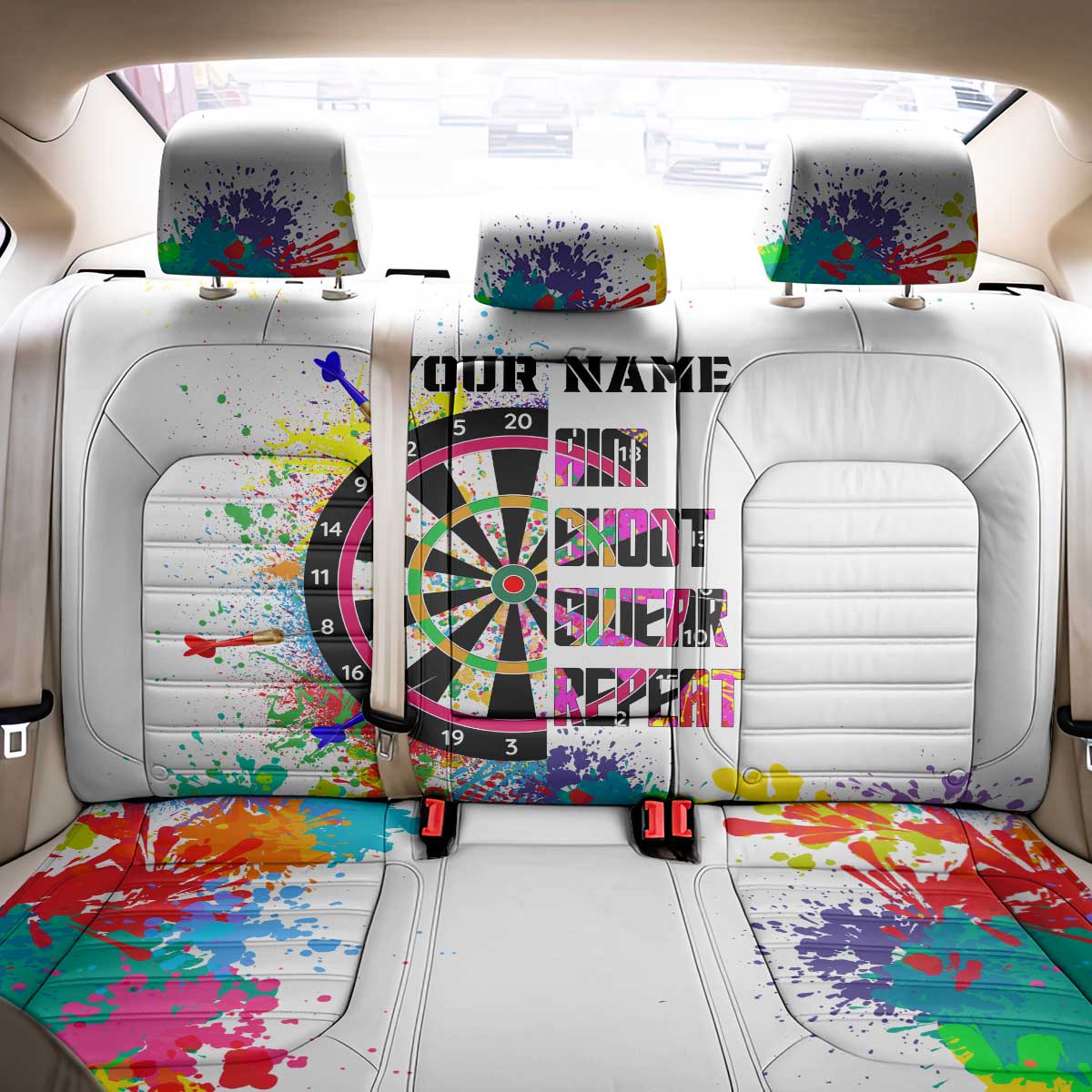 Colorful Dartboard and Splatter Paint Darts Back Car Seat Cover Personalized Motivational Quote - Wonder Print Shop