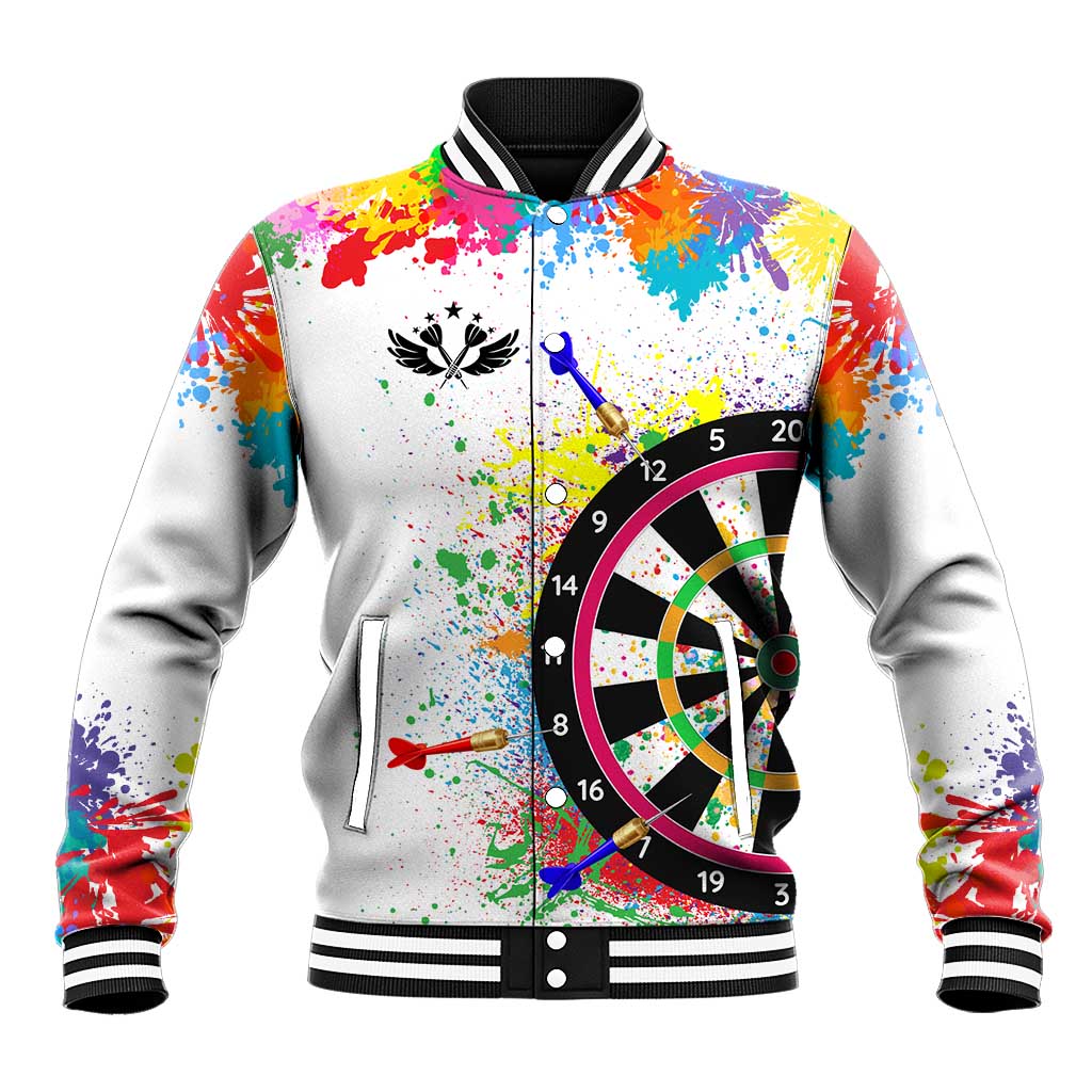 Colorful Dartboard and Splatter Paint Darts Baseball Jacket Personalized Motivational Quote - Wonder Print Shop