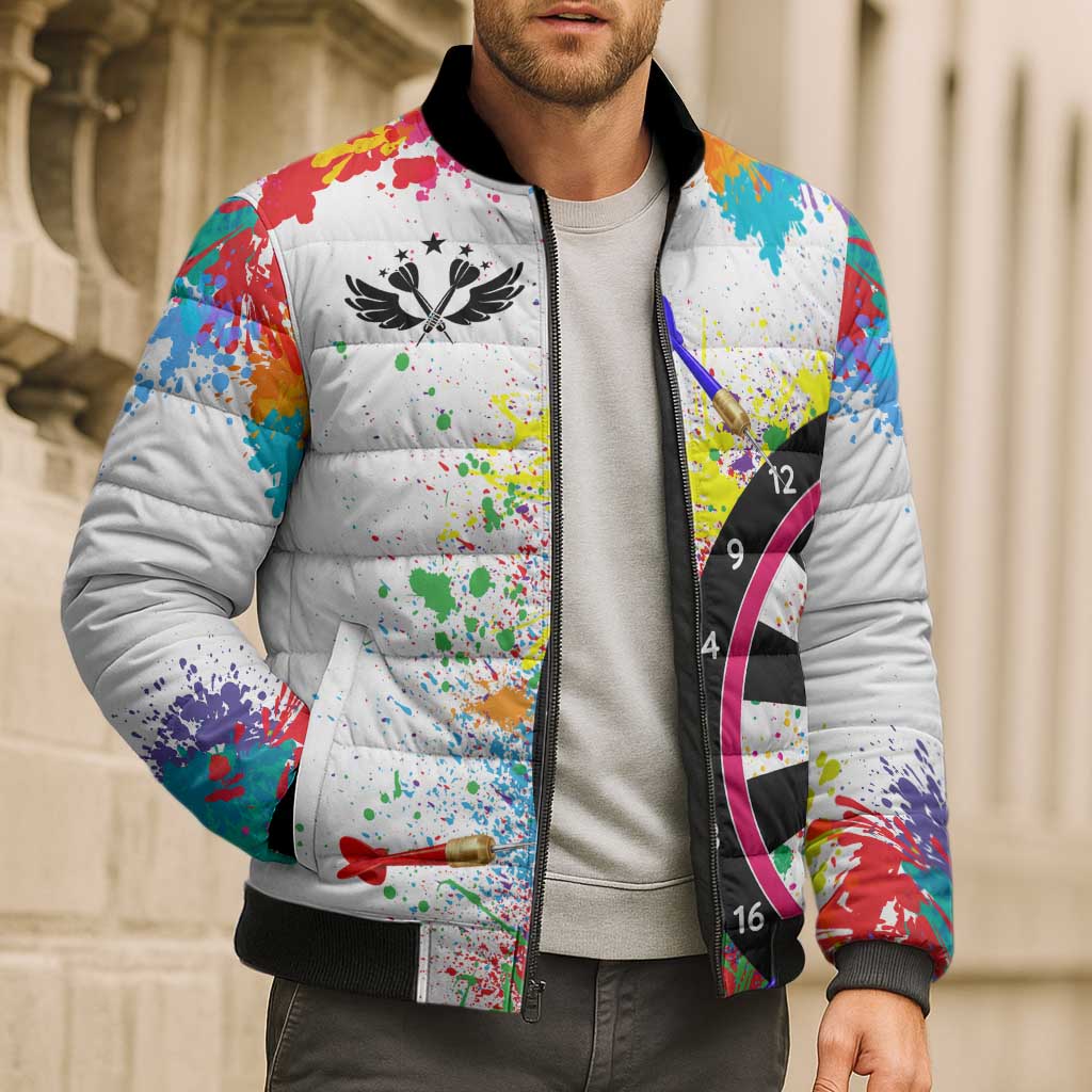 Colorful Dartboard and Splatter Paint Darts Bomber Puffer Jacket Personalized Motivational Quote - Wonder Print Shop