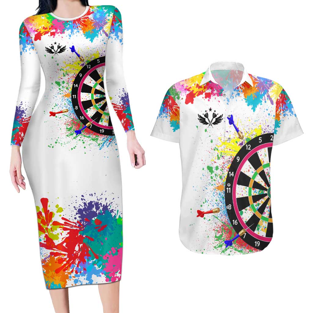 Colorful Dartboard and Splatter Paint Darts Couples Matching Long Sleeve Bodycon Dress and Hawaiian Shirt Personalized Motivational Quote - Wonder Print Shop