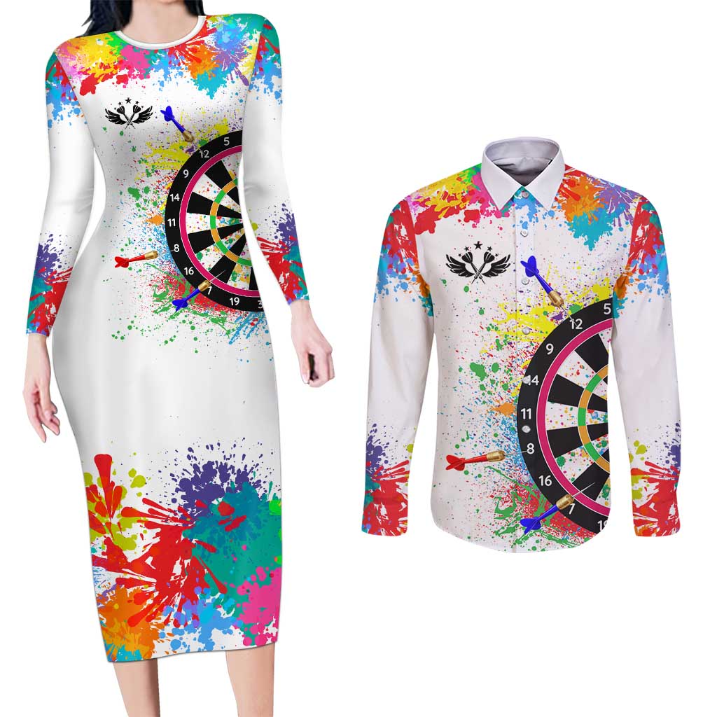 Colorful Dartboard and Splatter Paint Darts Couples Matching Long Sleeve Bodycon Dress and Long Sleeve Button Shirt Personalized Motivational Quote - Wonder Print Shop