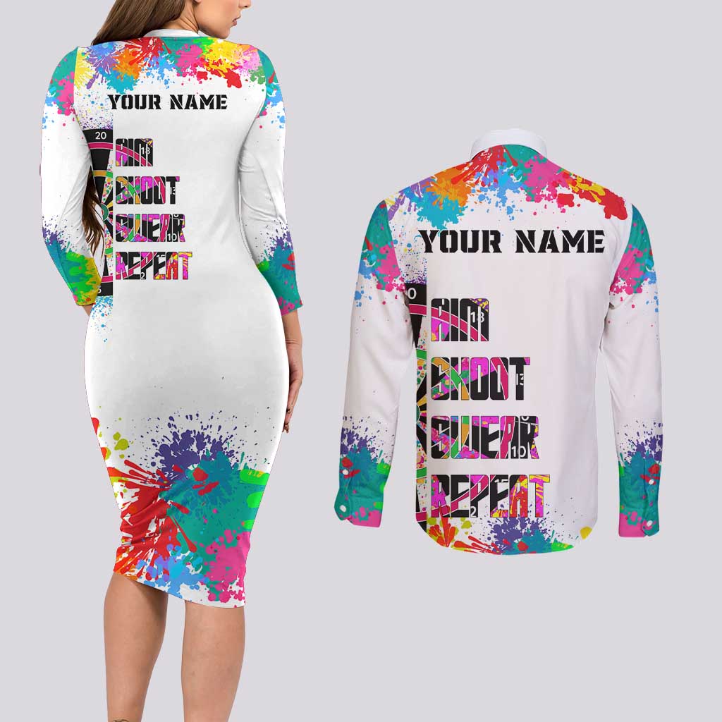 Colorful Dartboard and Splatter Paint Darts Couples Matching Long Sleeve Bodycon Dress and Long Sleeve Button Shirt Personalized Motivational Quote - Wonder Print Shop