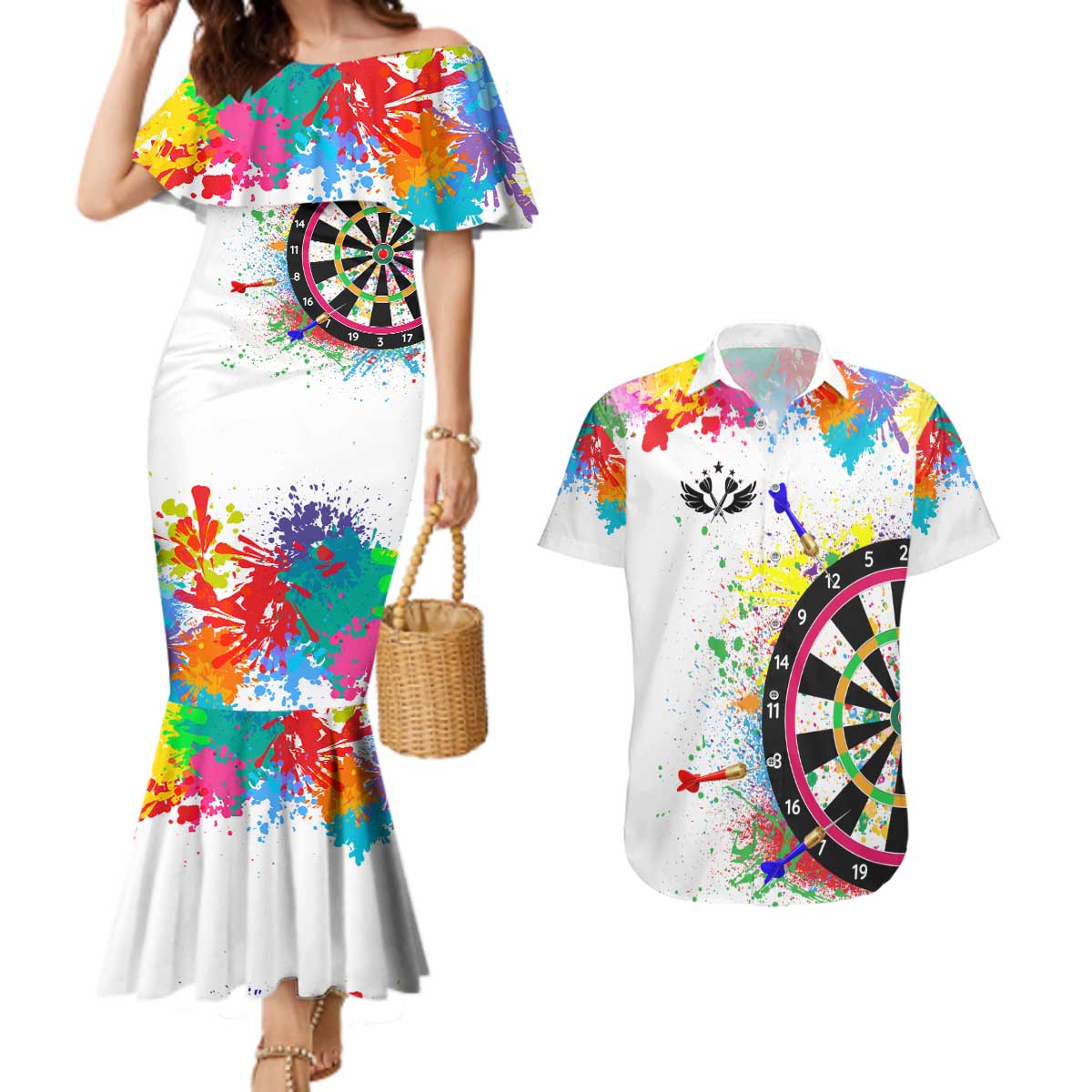 Colorful Dartboard and Splatter Paint Darts Couples Matching Mermaid Dress and Hawaiian Shirt Personalized Motivational Quote - Wonder Print Shop