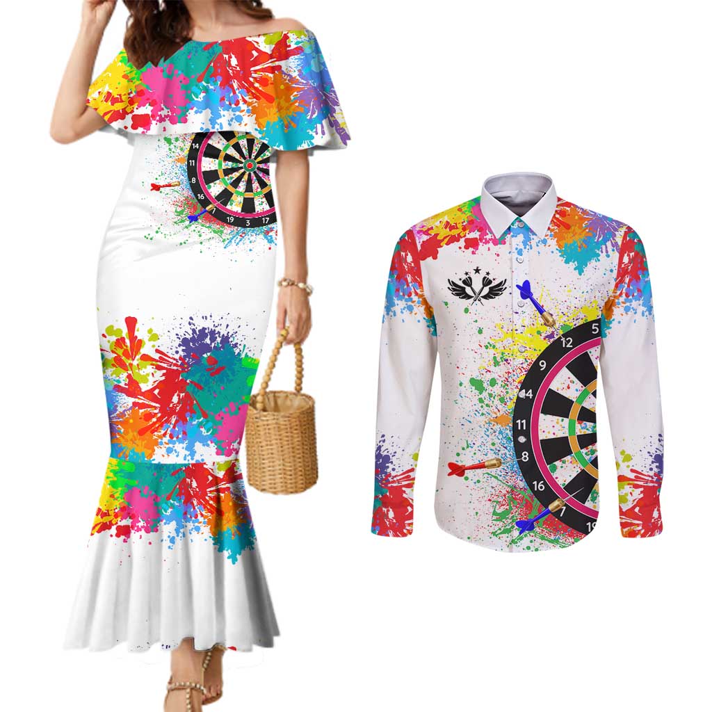 Colorful Dartboard and Splatter Paint Darts Couples Matching Mermaid Dress and Long Sleeve Button Shirt Personalized Motivational Quote - Wonder Print Shop