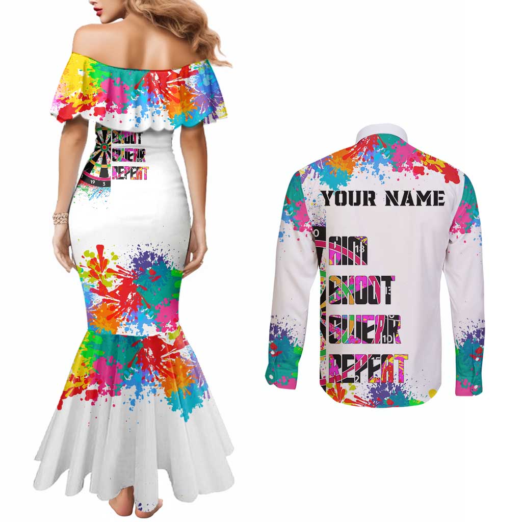 Colorful Dartboard and Splatter Paint Darts Couples Matching Mermaid Dress and Long Sleeve Button Shirt Personalized Motivational Quote - Wonder Print Shop
