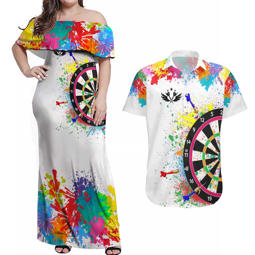 Colorful Dartboard and Splatter Paint Darts Couples Matching Off Shoulder Maxi Dress and Hawaiian Shirt Personalized Motivational Quote - Wonder Print Shop