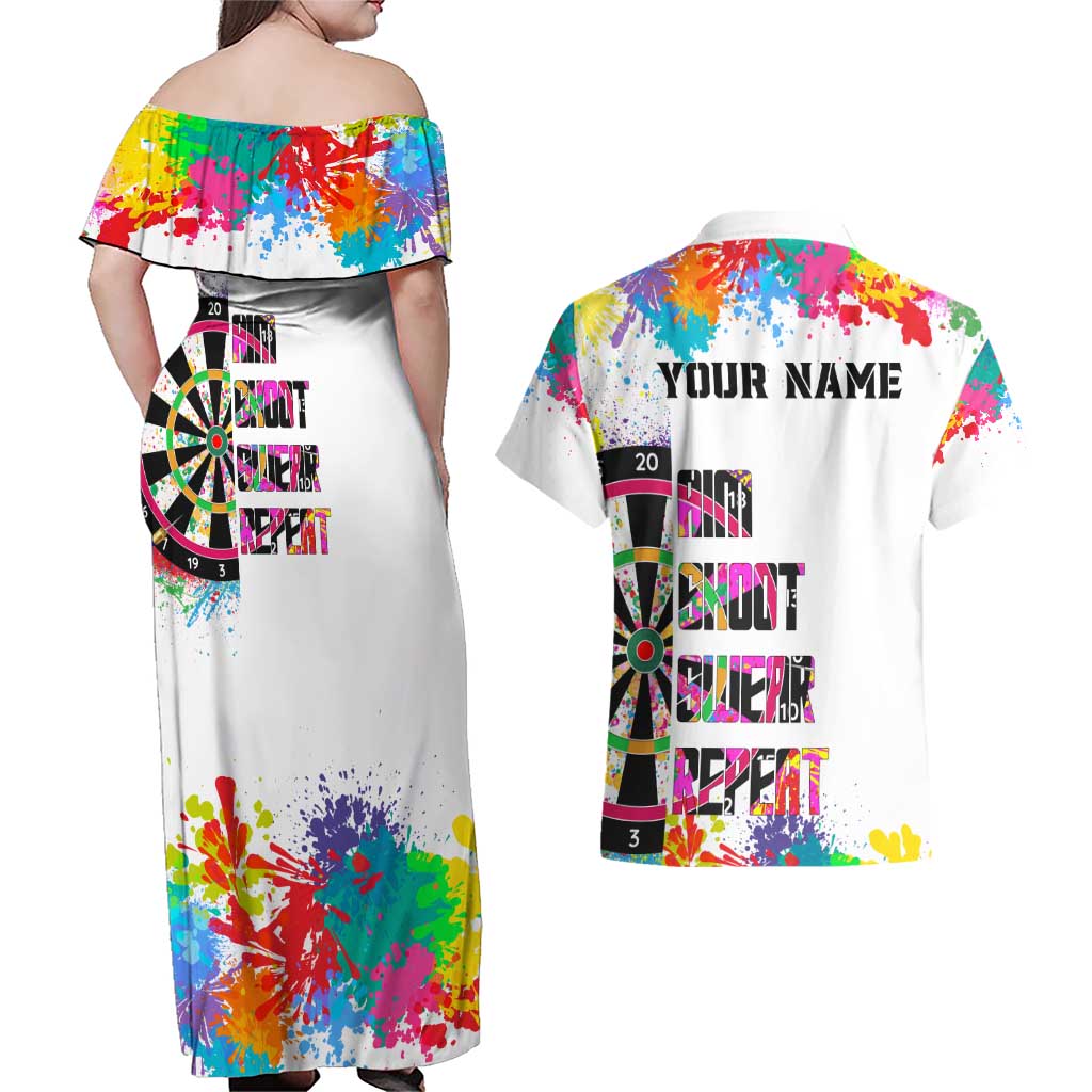 Colorful Dartboard and Splatter Paint Darts Couples Matching Off Shoulder Maxi Dress and Hawaiian Shirt Personalized Motivational Quote - Wonder Print Shop