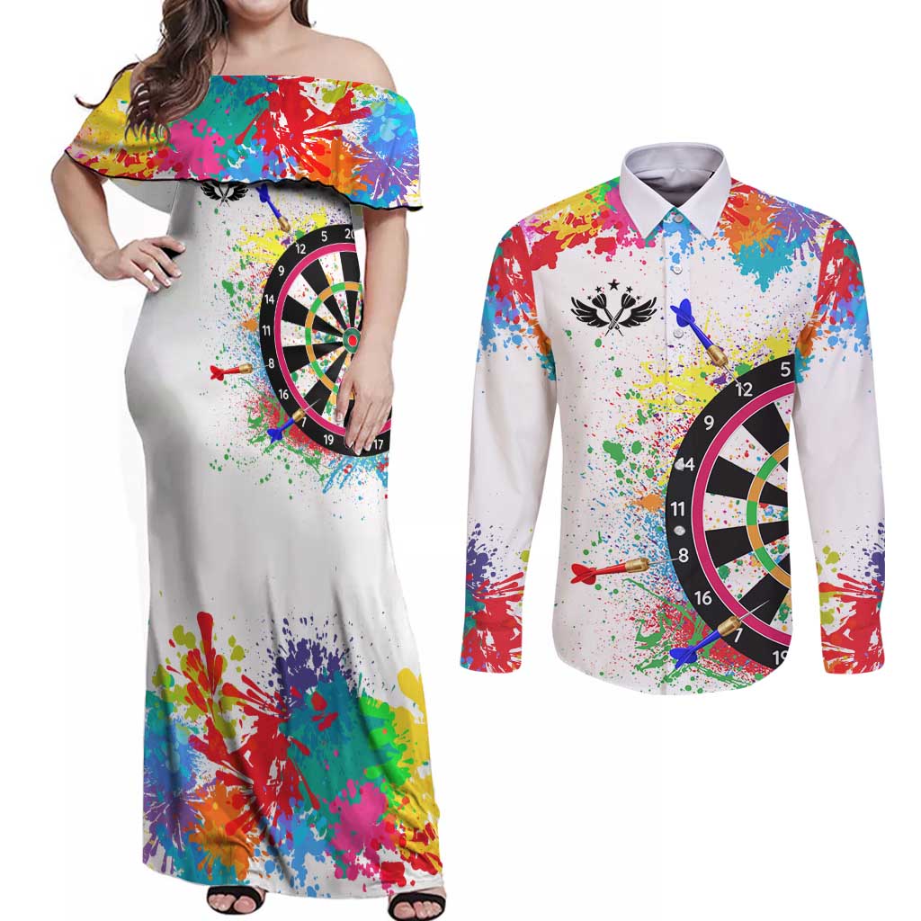 Colorful Dartboard and Splatter Paint Darts Couples Matching Off Shoulder Maxi Dress and Long Sleeve Button Shirt Personalized Motivational Quote - Wonder Print Shop