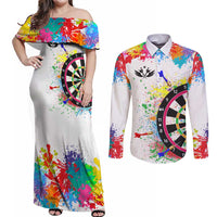 Colorful Dartboard and Splatter Paint Darts Couples Matching Off Shoulder Maxi Dress and Long Sleeve Button Shirt Personalized Motivational Quote - Wonder Print Shop